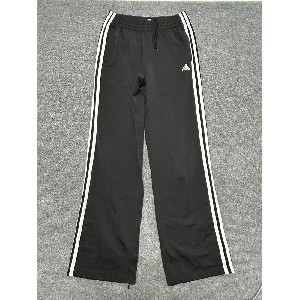 Adidas Track Pants Womens Size S Black 3-Stripe Wide Leg Athletic Drawstring Rip